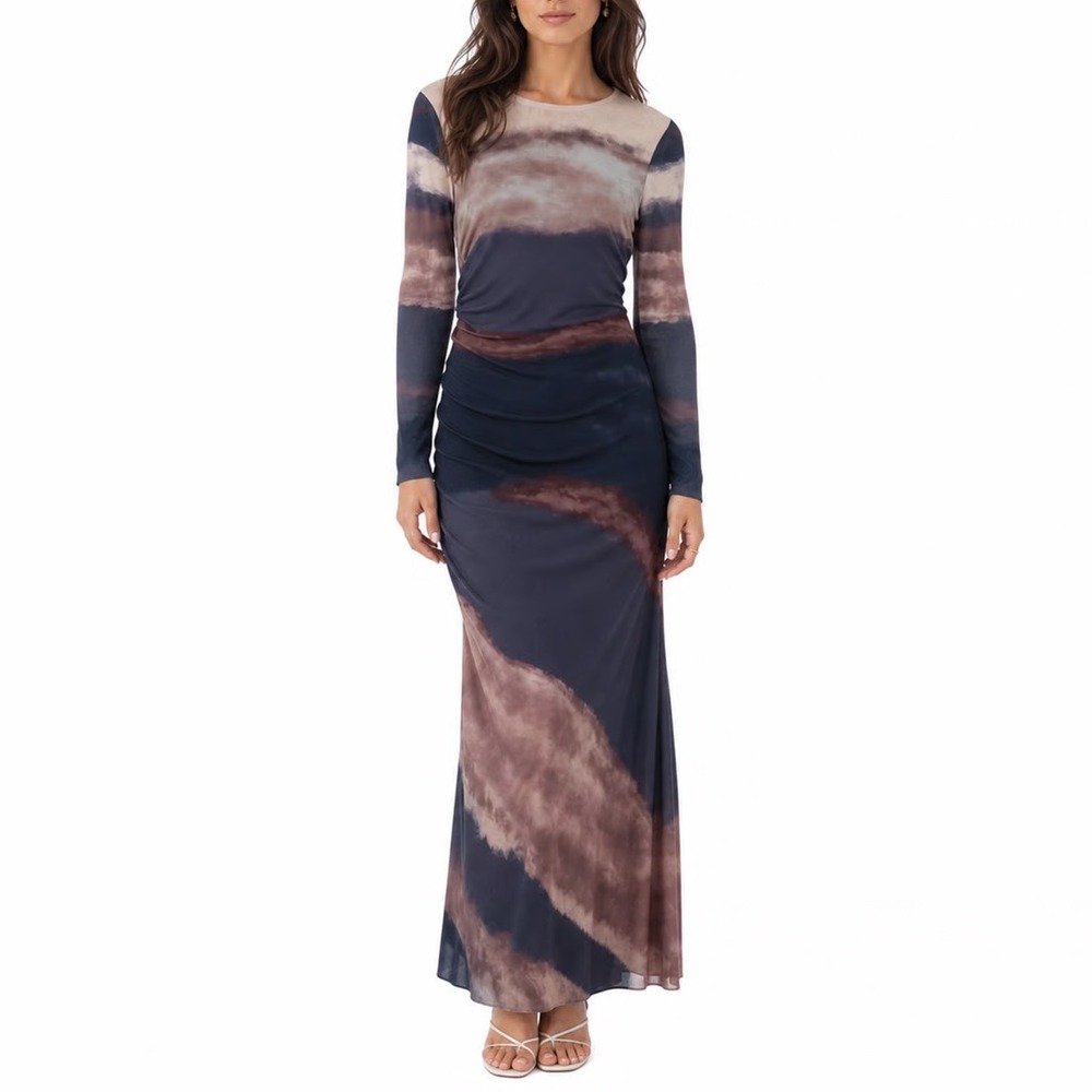 Luxury Women Navy Mauve Tie Dye Ruched Long Sleeve Mesh Maxi Dress Size S